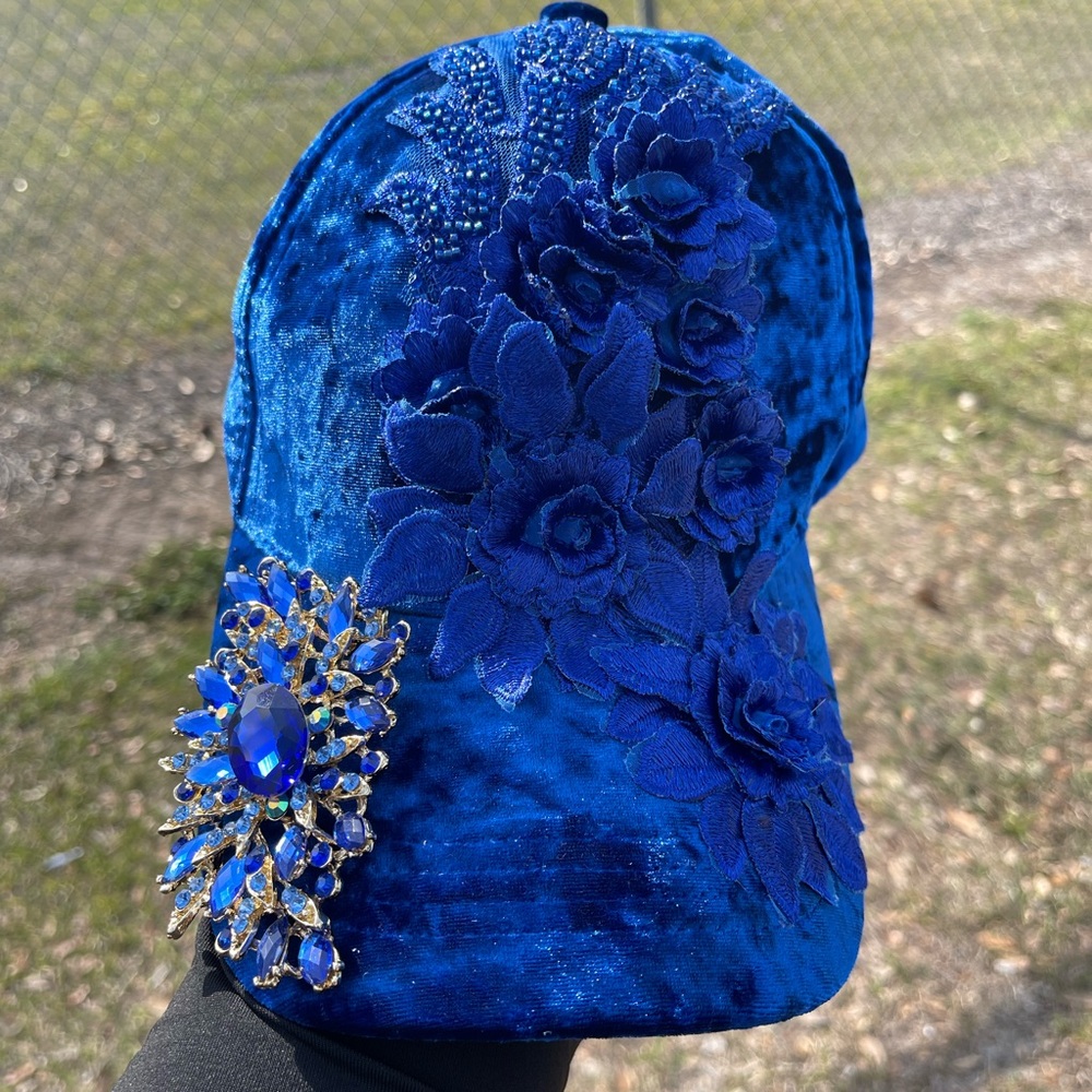 Elegant Blue Floral Embellished Cap